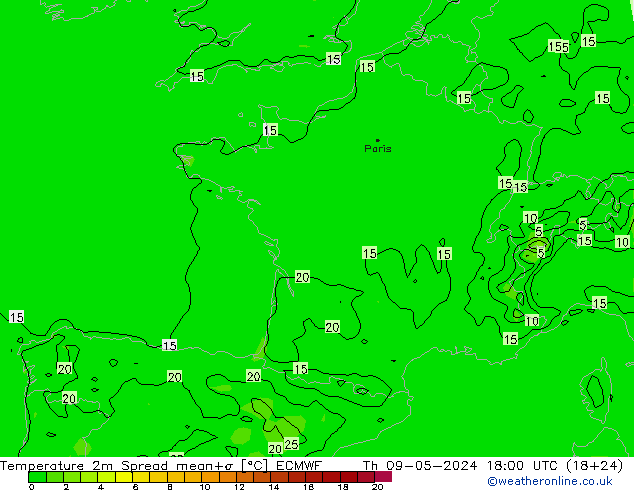 Temperatura 2m Spread ECMWF gio 09.05.2024 18 UTC