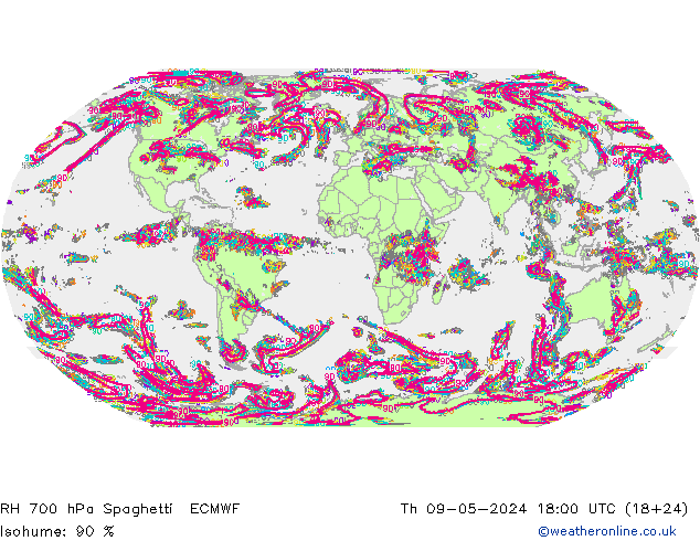 RH 700 hPa Spaghetti ECMWF 星期四 09.05.2024 18 UTC