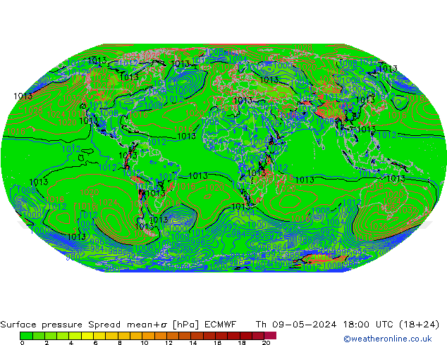 地面气压 Spread ECMWF 星期四 09.05.2024 18 UTC