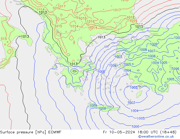 Presión superficial ECMWF vie 10.05.2024 18 UTC