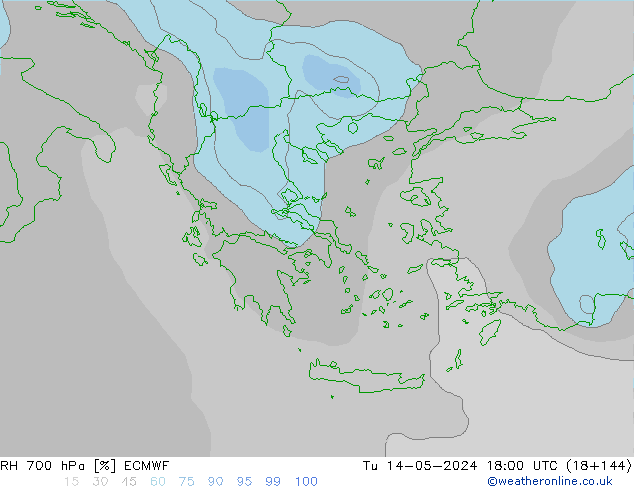 Humidité rel. 700 hPa ECMWF mar 14.05.2024 18 UTC