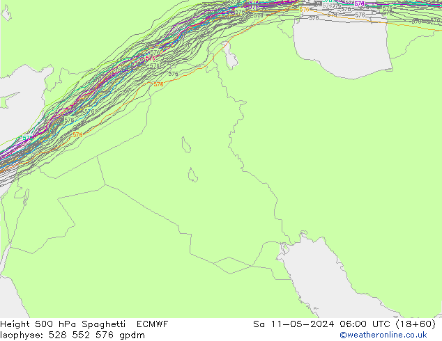 Height 500 hPa Spaghetti ECMWF sab 11.05.2024 06 UTC