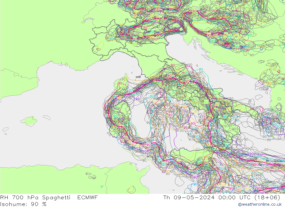 RH 700 hPa Spaghetti ECMWF gio 09.05.2024 00 UTC