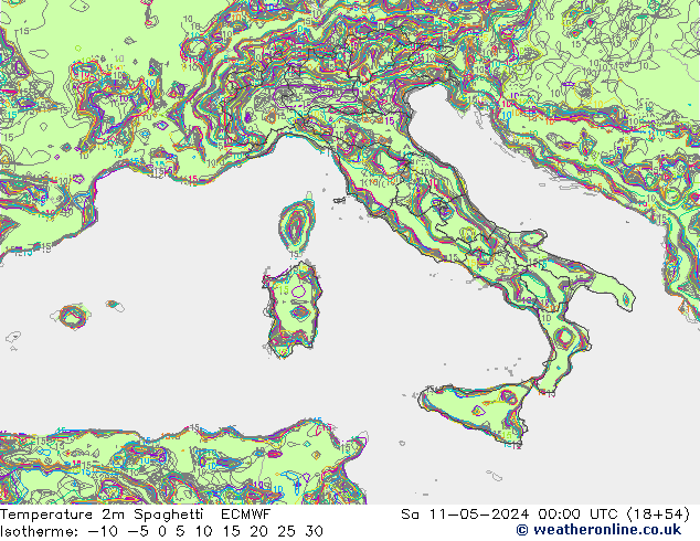 Temperature 2m Spaghetti ECMWF Sa 11.05.2024 00 UTC