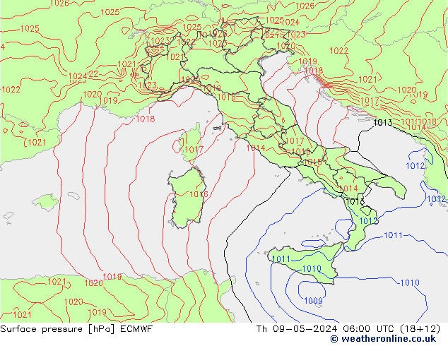 Atmosférický tlak ECMWF Čt 09.05.2024 06 UTC
