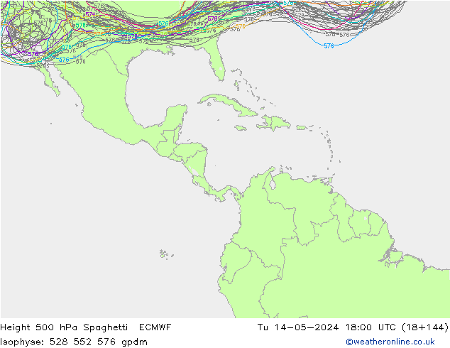 Hoogte 500 hPa Spaghetti ECMWF di 14.05.2024 18 UTC