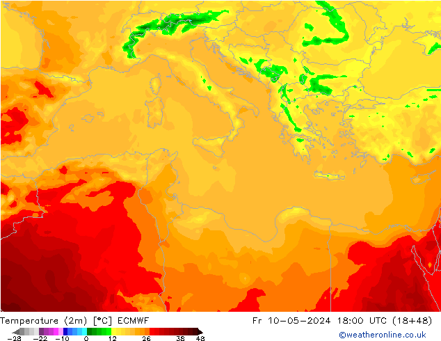 Temperature (2m) ECMWF Fr 10.05.2024 18 UTC