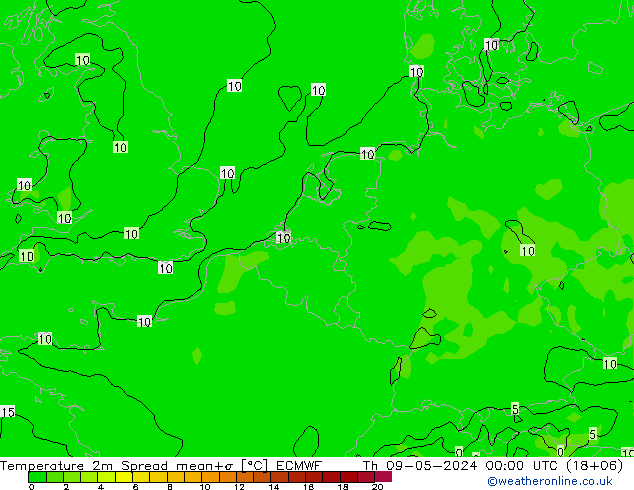 Temperatura 2m Spread ECMWF Qui 09.05.2024 00 UTC