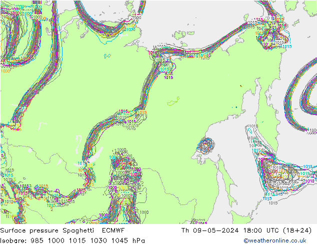 Surface pressure Spaghetti ECMWF Th 09.05.2024 18 UTC
