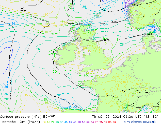 Izotacha (km/godz) ECMWF czw. 09.05.2024 06 UTC