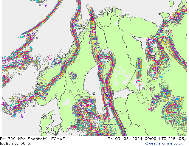 RH 700 hPa Spaghetti ECMWF gio 09.05.2024 00 UTC