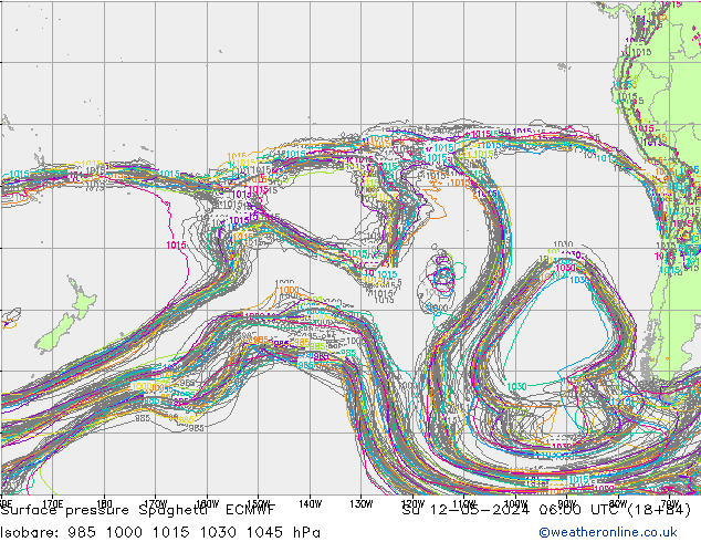 Luchtdruk op zeeniveau Spaghetti ECMWF zo 12.05.2024 06 UTC