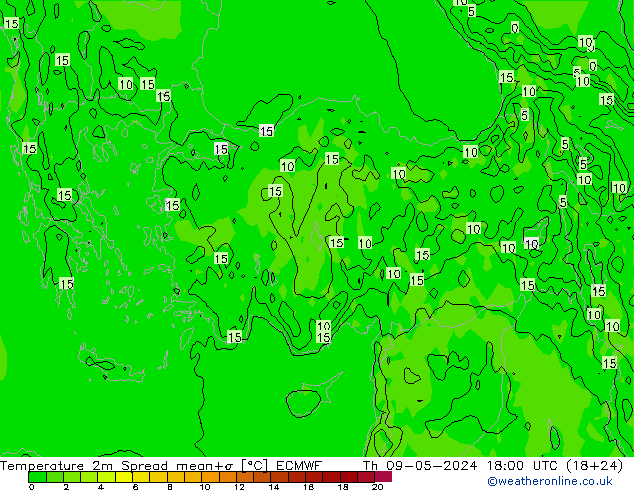 Temperature 2m Spread ECMWF Čt 09.05.2024 18 UTC