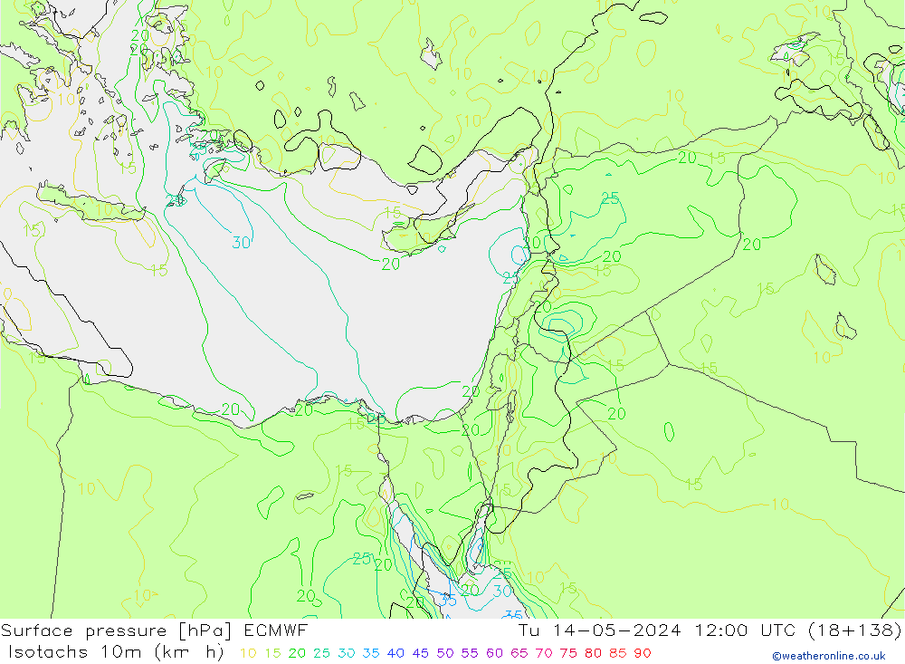 Isotachen (km/h) ECMWF di 14.05.2024 12 UTC