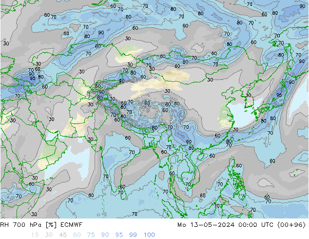 Humidité rel. 700 hPa ECMWF lun 13.05.2024 00 UTC