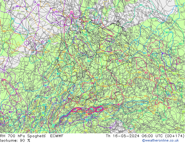RH 700 hPa Spaghetti ECMWF  16.05.2024 06 UTC