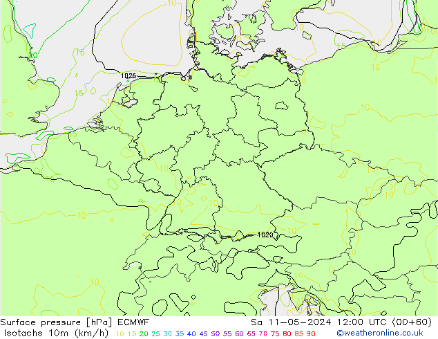 Isotachs (kph) ECMWF Sa 11.05.2024 12 UTC