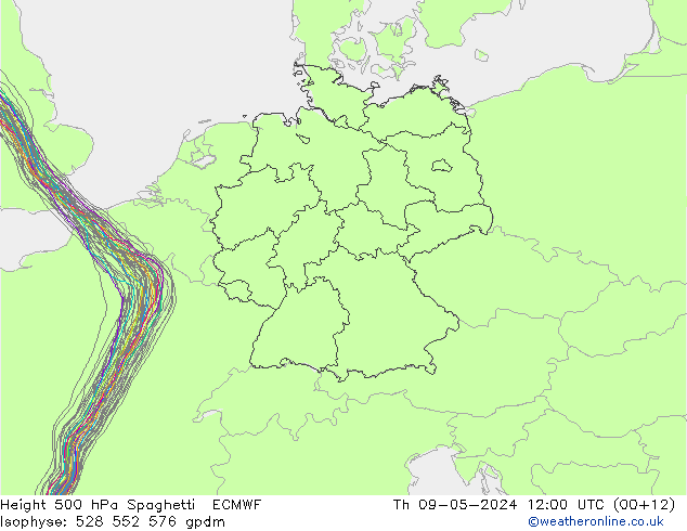 Height 500 hPa Spaghetti ECMWF Do 09.05.2024 12 UTC