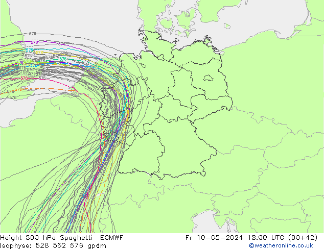 Hoogte 500 hPa Spaghetti ECMWF vr 10.05.2024 18 UTC