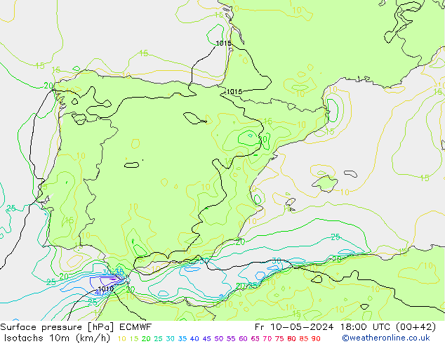 Isotachs (kph) ECMWF  10.05.2024 18 UTC