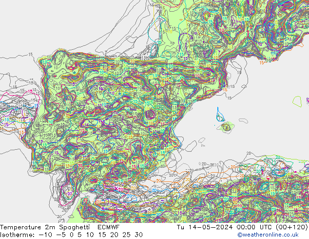 mapa temperatury 2m Spaghetti ECMWF wto. 14.05.2024 00 UTC