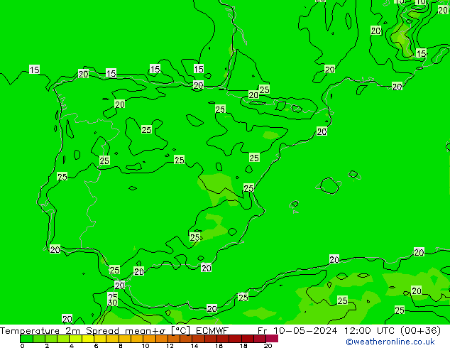 Temperature 2m Spread ECMWF Fr 10.05.2024 12 UTC