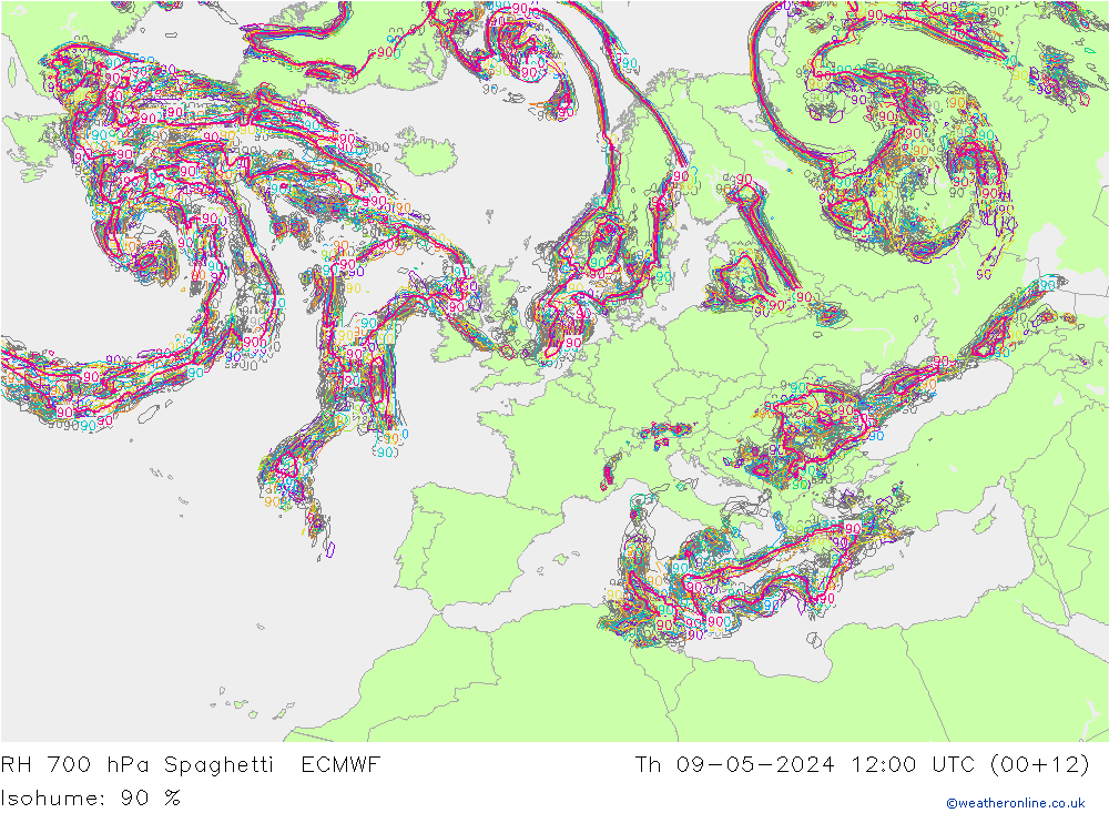 RH 700 hPa Spaghetti ECMWF Do 09.05.2024 12 UTC