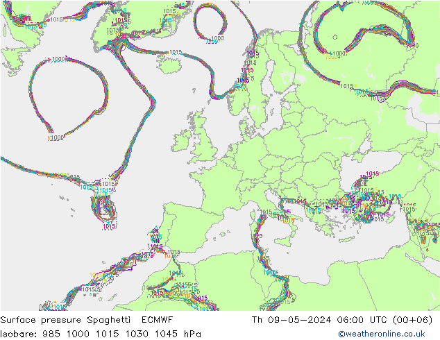 地面气压 Spaghetti ECMWF 星期四 09.05.2024 06 UTC