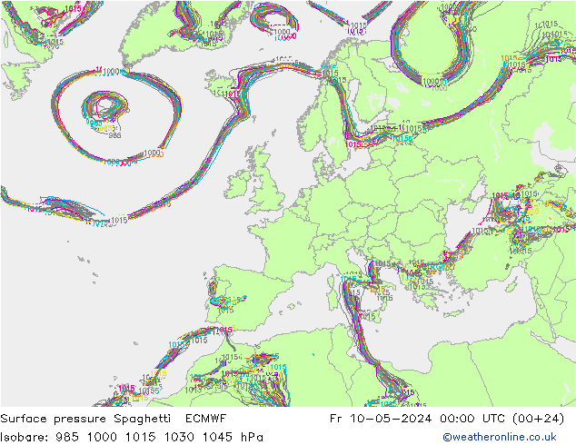 地面气压 Spaghetti ECMWF 星期五 10.05.2024 00 UTC