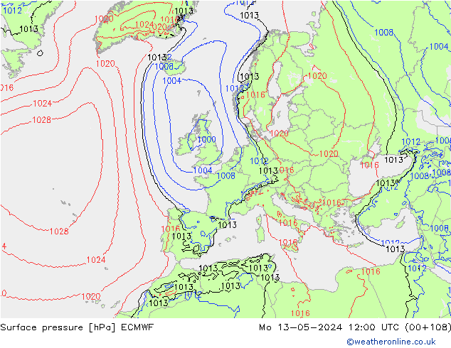 Bodendruck ECMWF Mo 13.05.2024 12 UTC