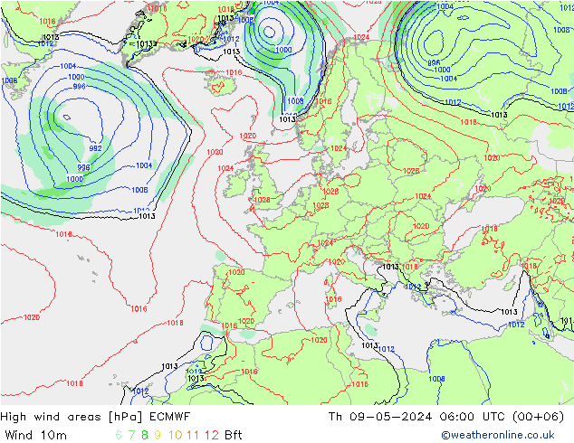 High wind areas ECMWF 星期四 09.05.2024 06 UTC