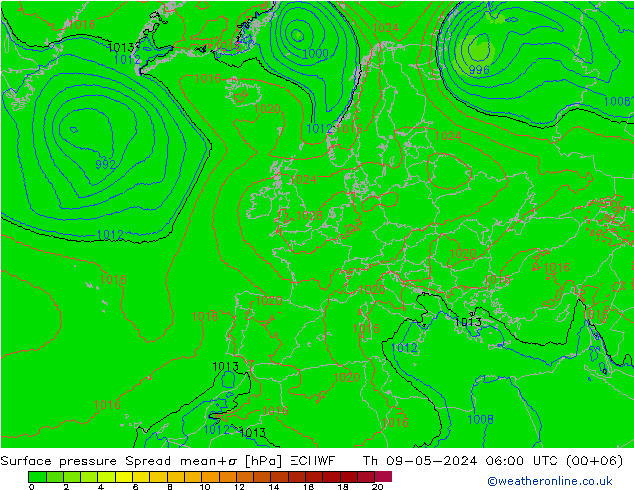 地面气压 Spread ECMWF 星期四 09.05.2024 06 UTC