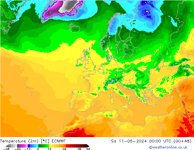 mapa temperatury (2m) ECMWF so. 11.05.2024 00 UTC