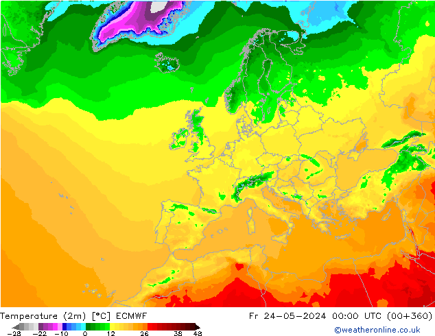 Temperatuurkaart (2m) ECMWF vr 24.05.2024 00 UTC