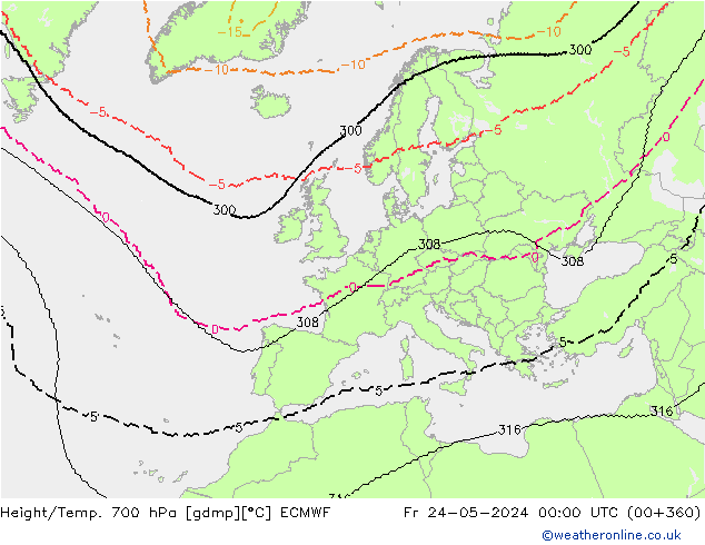 Geop./Temp. 700 hPa ECMWF vie 24.05.2024 00 UTC