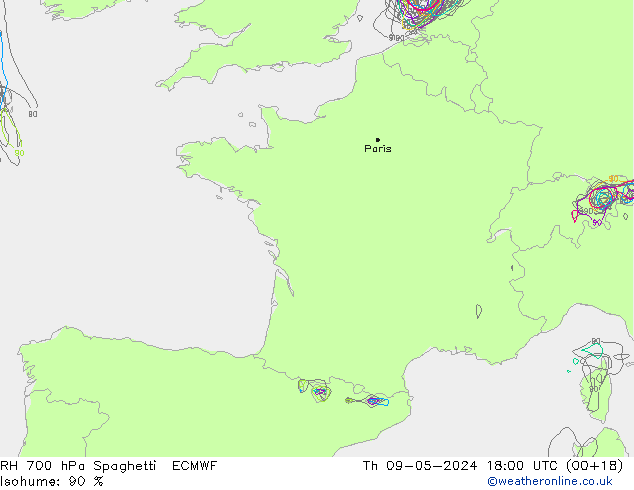 RH 700 hPa Spaghetti ECMWF czw. 09.05.2024 18 UTC