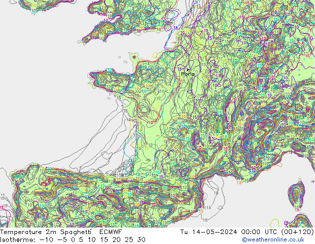 mapa temperatury 2m Spaghetti ECMWF wto. 14.05.2024 00 UTC