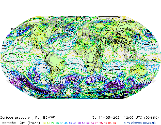 Isotachs (kph) ECMWF sam 11.05.2024 12 UTC