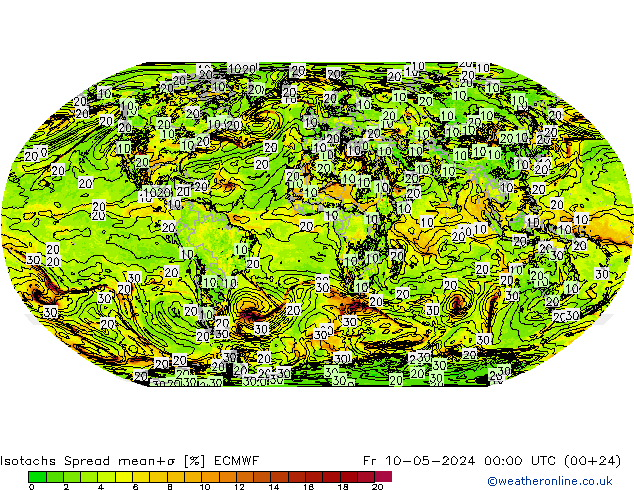 Isotachs Spread ECMWF 星期五 10.05.2024 00 UTC