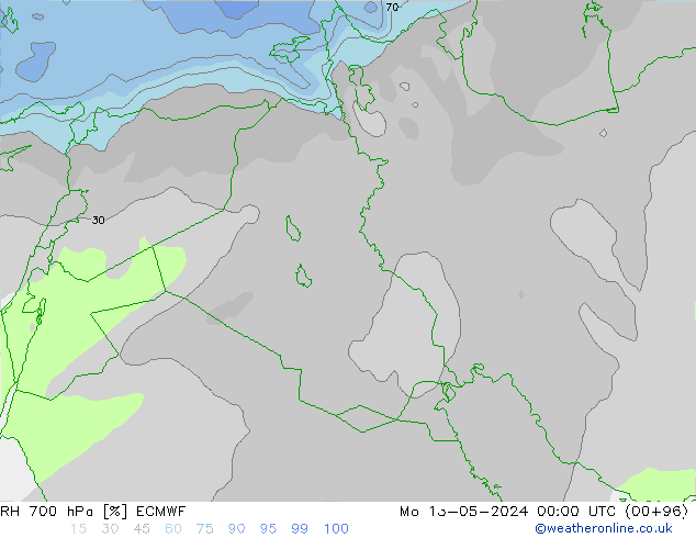 Humedad rel. 700hPa ECMWF lun 13.05.2024 00 UTC