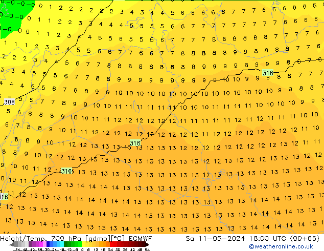 Géop./Temp. 700 hPa ECMWF sam 11.05.2024 18 UTC