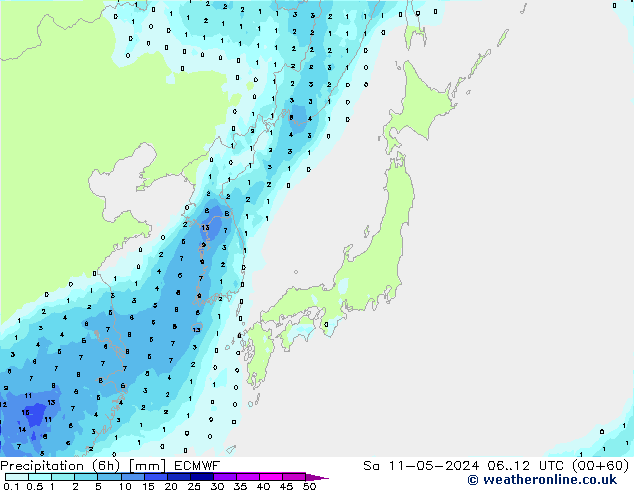 Precipitation (6h) ECMWF Sa 11.05.2024 12 UTC