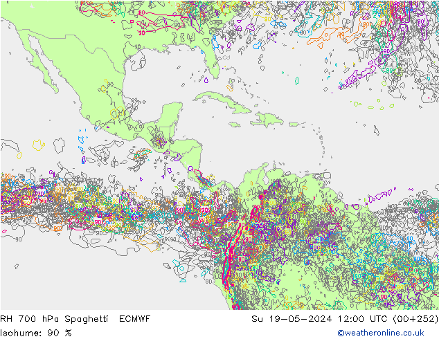 RH 700 hPa Spaghetti ECMWF Su 19.05.2024 12 UTC