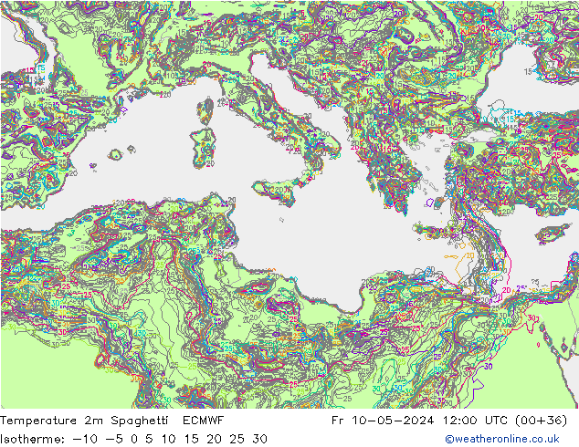 Temperature 2m Spaghetti ECMWF Fr 10.05.2024 12 UTC
