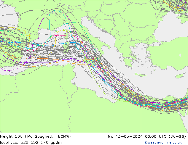 Height 500 hPa Spaghetti ECMWF pon. 13.05.2024 00 UTC