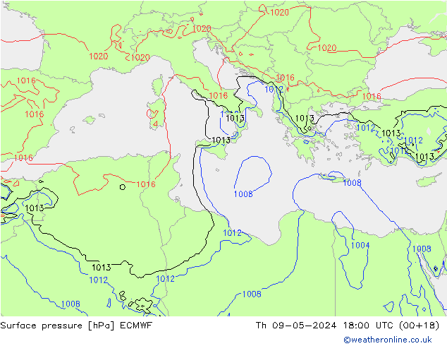 Atmosférický tlak ECMWF Čt 09.05.2024 18 UTC