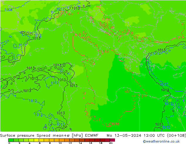 Surface pressure Spread ECMWF Mo 13.05.2024 12 UTC