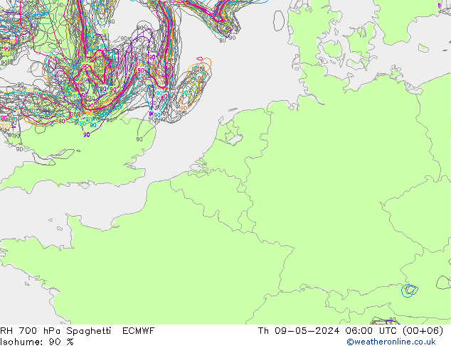 RH 700 hPa Spaghetti ECMWF  09.05.2024 06 UTC