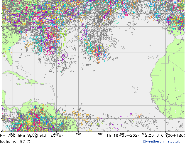 RH 700 hPa Spaghetti ECMWF  16.05.2024 12 UTC