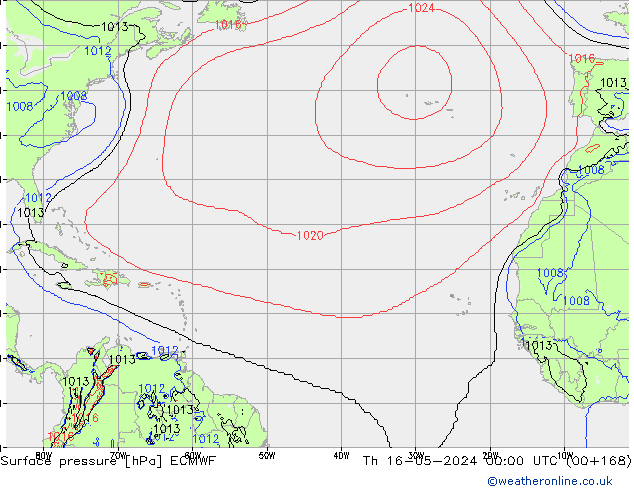 Presión superficial ECMWF jue 16.05.2024 00 UTC